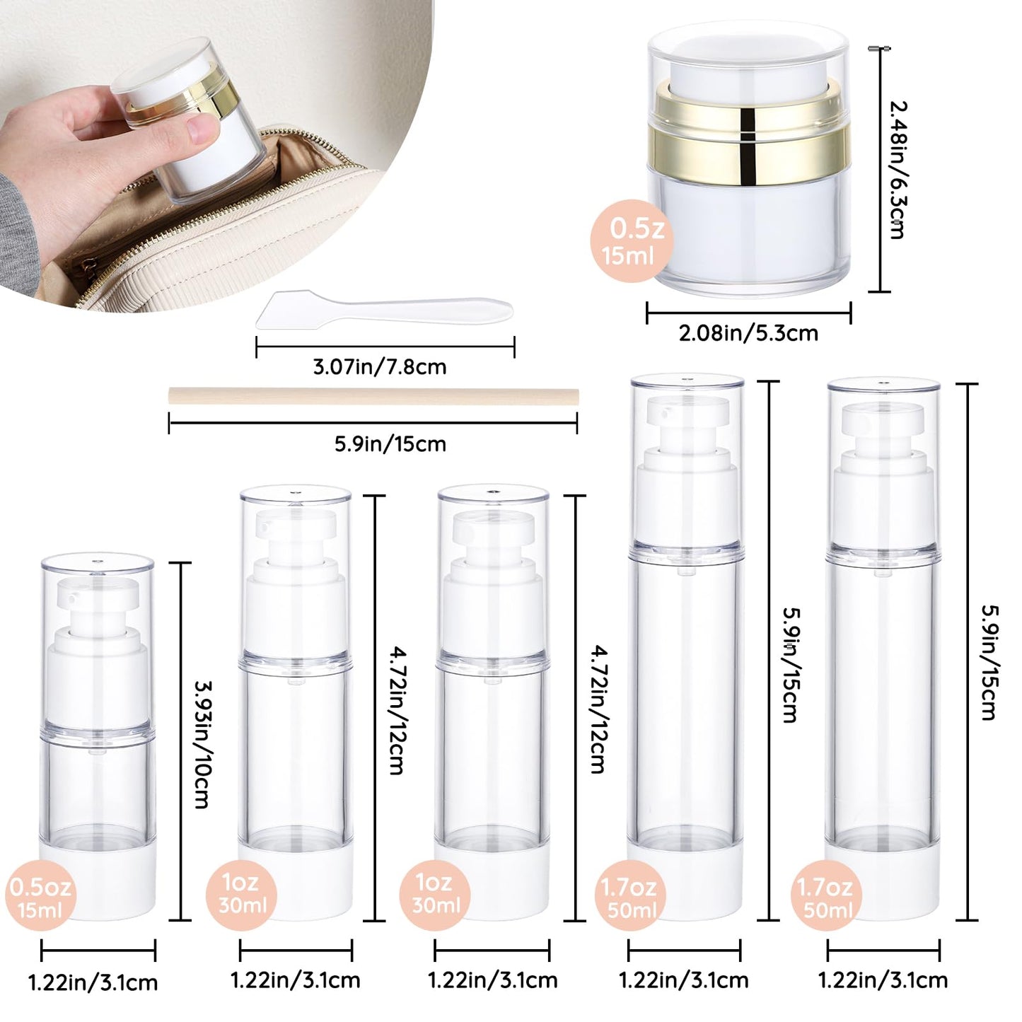 Segbeauty 7pcs Vacuum Lotion Dispenser Sprayer Set, Airless Pump Bottles Travel Size, Empty Golden Airless Pump Jar for Creams, Refillable Vacuum Fine Mist Spray Bottle Atomizer 0.5oz 1oz 1.7oz
