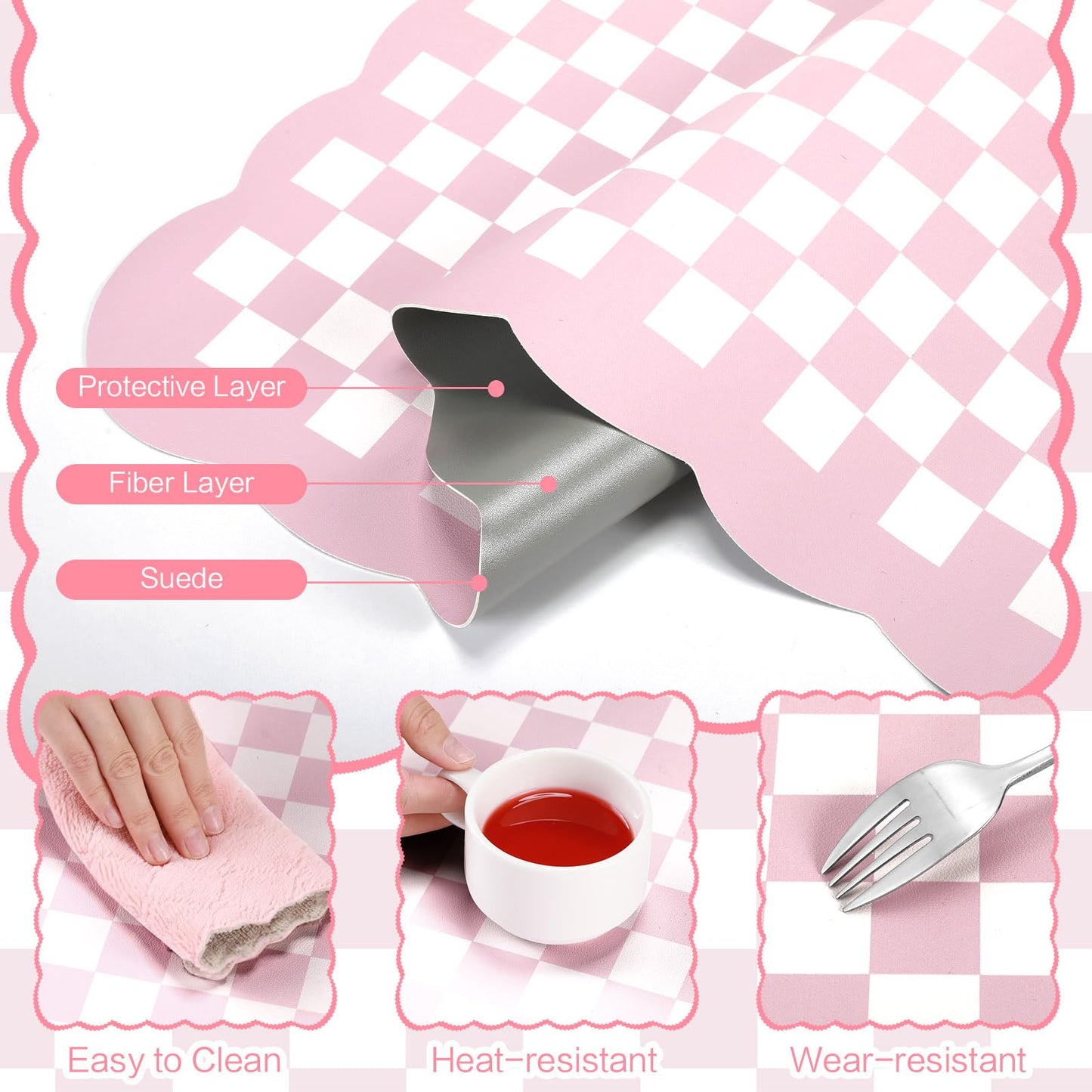 Nuanchu Pink Checkered Make up Mat, Pastel Vanity Makeup Pad Dual Sided Make up Mat for Vanity Easy to Clean Makeup Pad Waterproof and Oilproof(Scalloped)