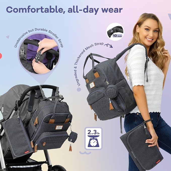 RUVALINO Diaper Bag Backpack, Multifunction Travel Pack Maternity Baby Changing Bags, Large Capacity, Waterproof, Dark Gray