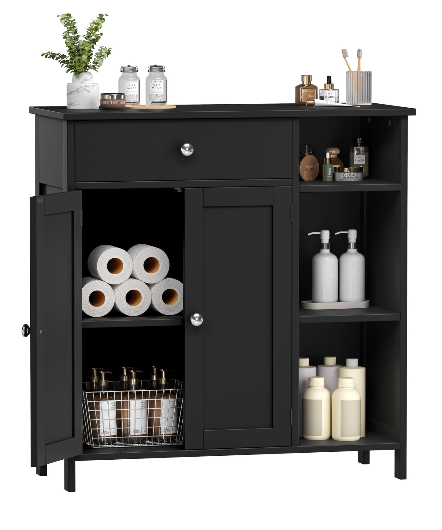 Keehusux Black Bathroom Floor Cabinet with Large Drawer, Floor Storage Cabinet with Doors & Adjustable Shelves, Modern Storage Cupboard with 3 Open Shelves for Kitchen, Living Room, Entryway