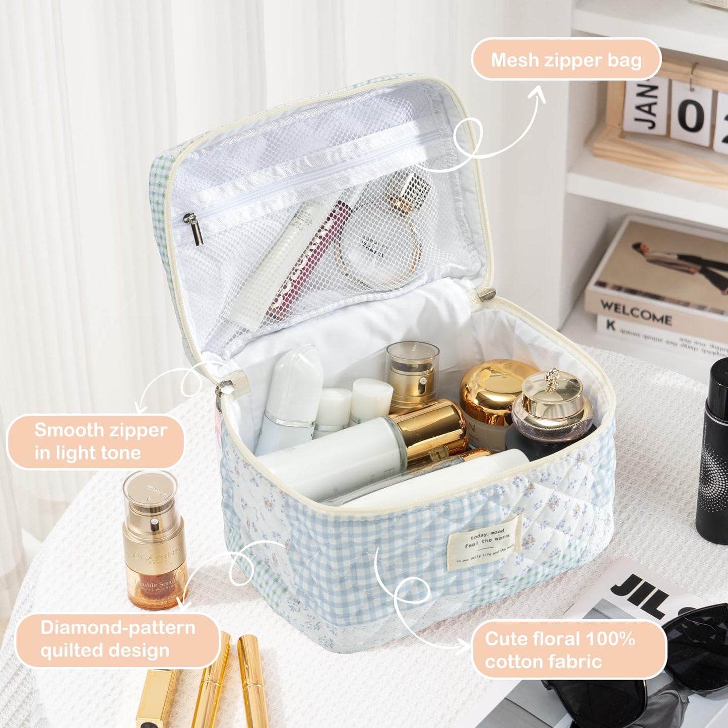 UUYUUY Makeup Bag for Women 3PCS Quilted Cotton Make Up Bag Travel Cosmetic Bag Large Makeup Bag Set Cute Makeups Organizer Floral Toiletry Pouch for Purse, Shabby Chic Blue
