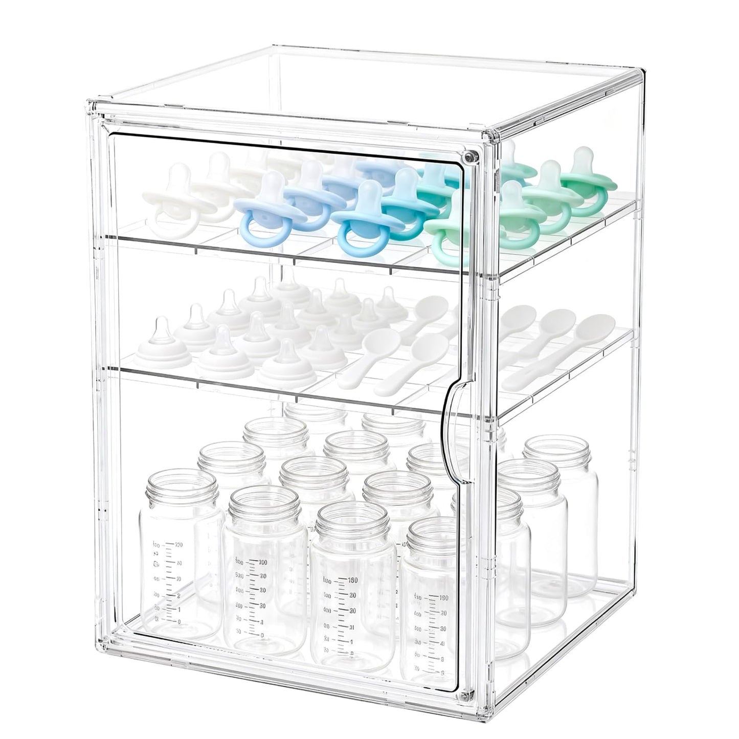 Baby Bottle Organizer, 3 Tiers Acrylic Bottle Storage Organizer Container, Clear Plastic Bottle Station Organizer with 2 Adjustable Dividers for Kitchen Countertop, Bathroom, Cabinet, Vanity