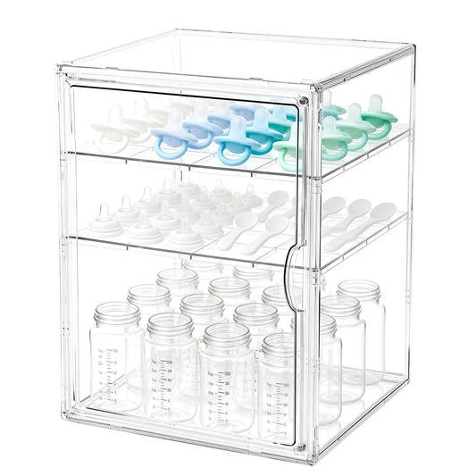 Baby Bottle Organizer, 3 Tiers Acrylic Bottle Storage Organizer Container, Clear Plastic Bottle Station Organizer with 2 Adjustable Dividers for Kitchen Countertop, Bathroom, Cabinet, Vanity