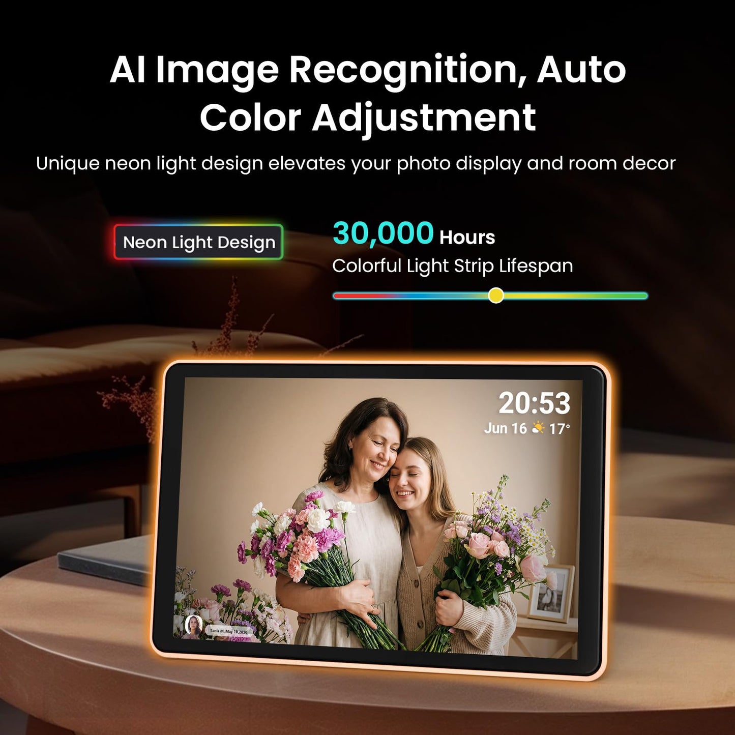 ApoloSign Neon Light Digital Picture Frame, Desk Digital Calendar, Auto-synced Schedule via Frameo App - 10.1" HD Touchscreen | AI Color-Changing LED | Share Photo/Video Instantly | Gift for Parents