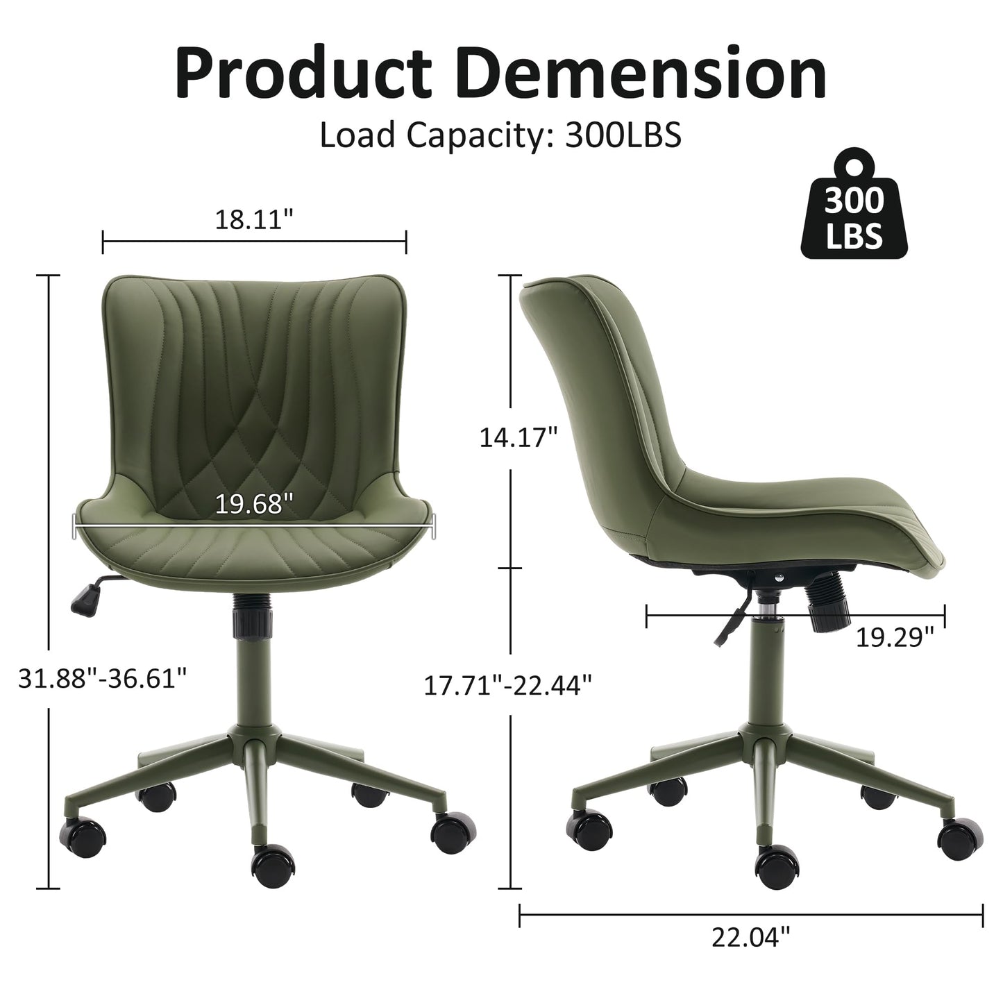 YOUTASTE Green Armless Office Chair, Modern Adjustable Swivel Desk Chair with Wheels, Upholstered PU Leather, Green Metal Legs, Back Support for Home Office, Study, Vanity, Bedroom