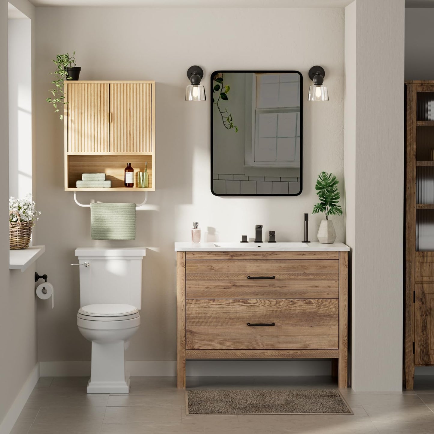 Bathroom Wall Cabinet No Mirror – Fluted Wood Medicine Cabinet with Towel Bar, Surface Mount Storage Organizer Over Toilet, Rustic Farmhouse Hanging Cupboard with Doors for Over Sink (Natural Oak)