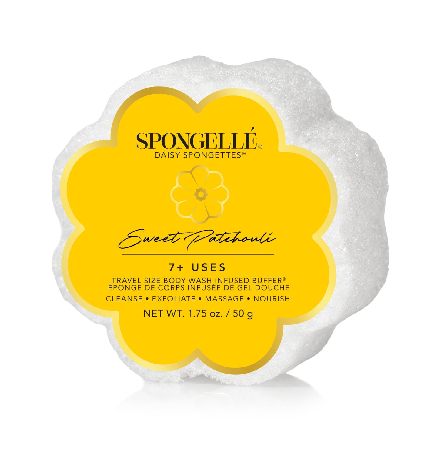 Spongellé Sweet Patchouli Daisy Spongette Bath Sponge | Built-in Body Wash & Body Scrubber, Shower Loofah Sponge for Women, Travel Essentials | 7+ uses