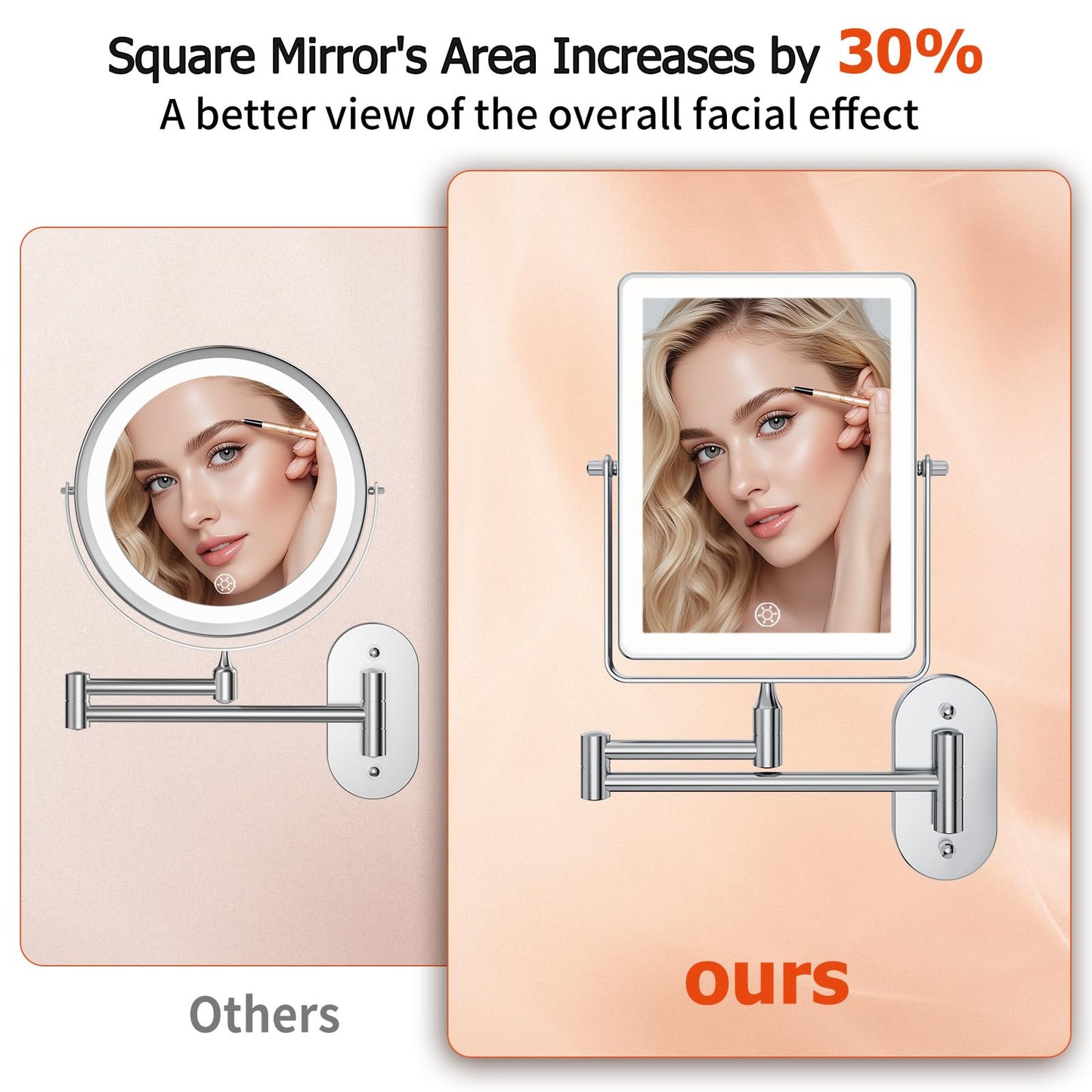 FUNTOUCH 5000mAh Rechargeable Wall Mounted Makeup Mirror with Lights, 8.7" Double Sided 1X/30X Magnifying Mirror with Dimmable 3 Color Light, Extended Swing Arm 360° Wall Mount Bathroom Vanity Mirror
