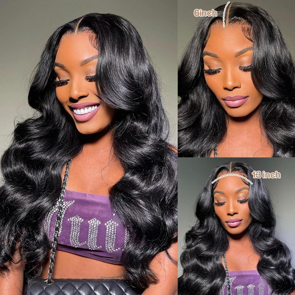 Yamikk 13x6 Body Wave Lace Front Wigs Human Hair Pre Plucked Pre Bleached 180 Density Soft Human Hair Wigs For Women 28 Inch HD Lace Frontal Wig With Baby Hair