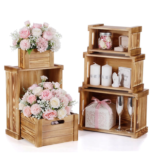 AceOrbit 6 Pcs Decorative Wood Crates for Storage Display 6 Size Rustic Nesting Crates with Handle Farmhouse Wooden Container Boxes for Wedding Bride Shower Party Market Farmers Decor(Wood Color)