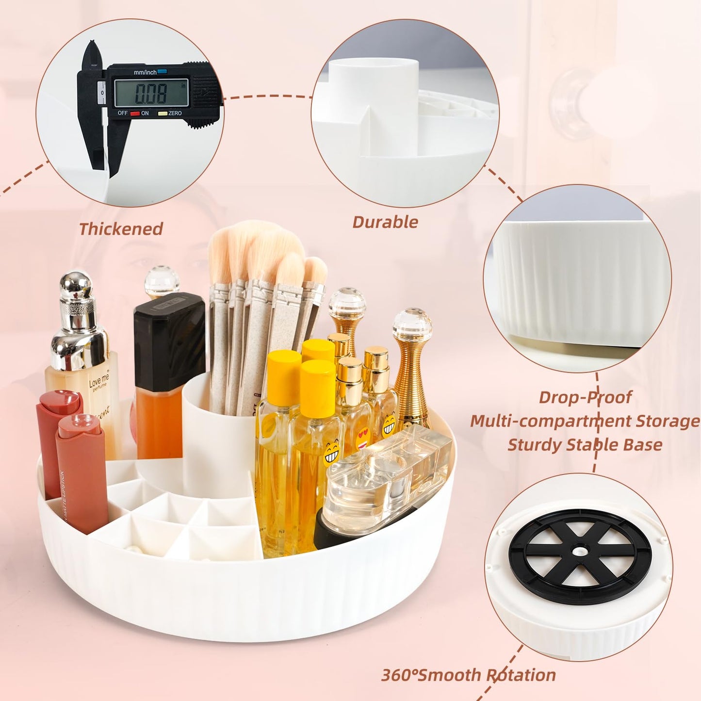 LuZhiMing 360° Rotating Makeup Perfume Organizer Cosmetic Storage for Skincare,Perfume,Lipstick & Makeup Brushes, Countertop Vanity Organizer (White)