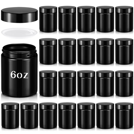 Domensi 24 Pcs Bulk 6oz Glass Jars with Lids Leakproof Round Airtight Empty Cosmetic Jars with Inner Liners Lid for Storing Lotions Spices Ointments Food Storage (Black)