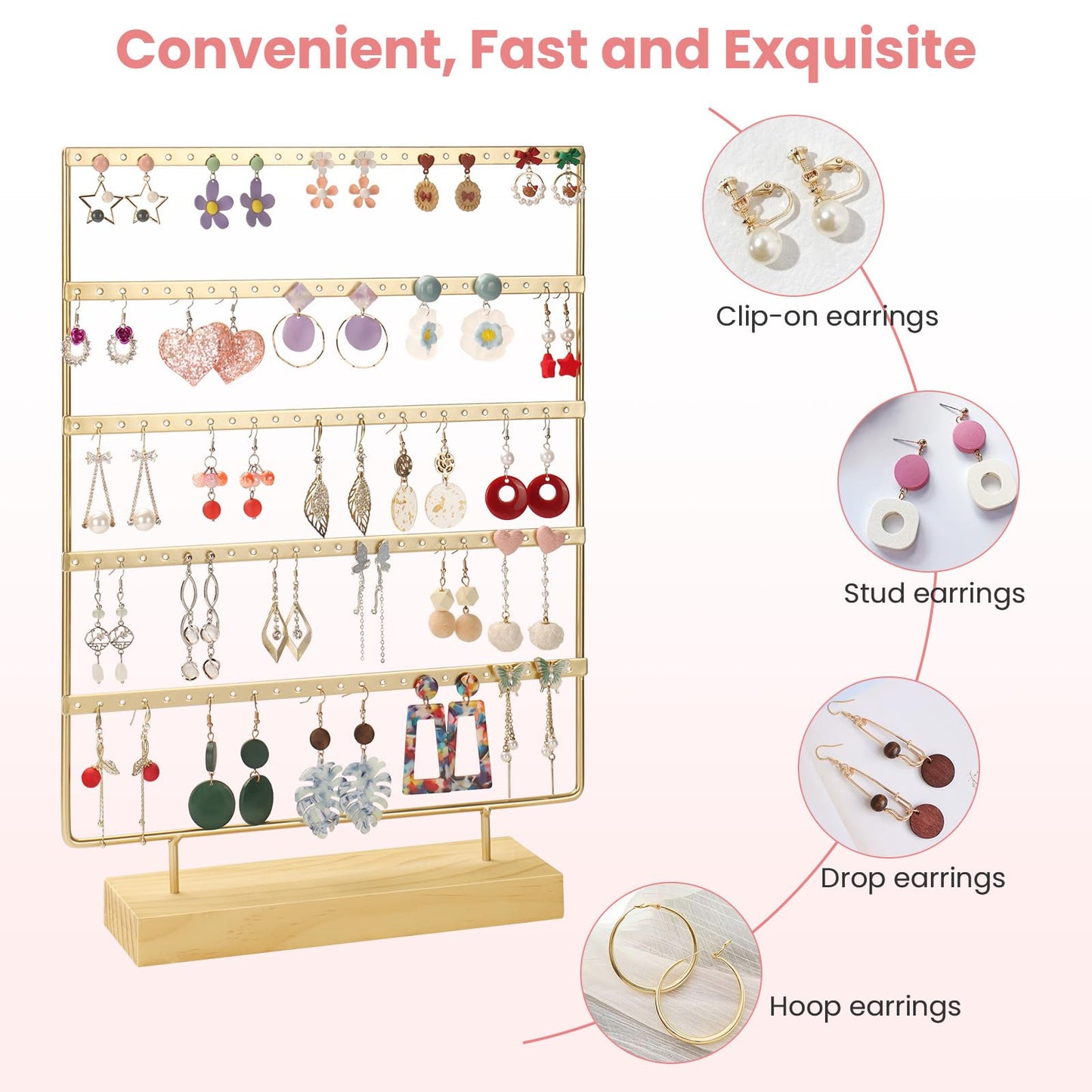 RUINENGDA Jewelry Organizer, 5 Tiers Earring Organizer with 120 Holes for Storing and Displaying Earrings of Various Styles, Models and Sizes, Removable Wooden Base for Home and Store Use