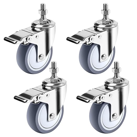 4 inch Stainless Steel Caster Wheels Heavy Duty, 3/8"-16x1 Threaded Stem Casters with Brake, Rust Resistant, Non-Marking Slient TPR Rubber Wheels for Hospital, Lab,Furniture,Restaurant