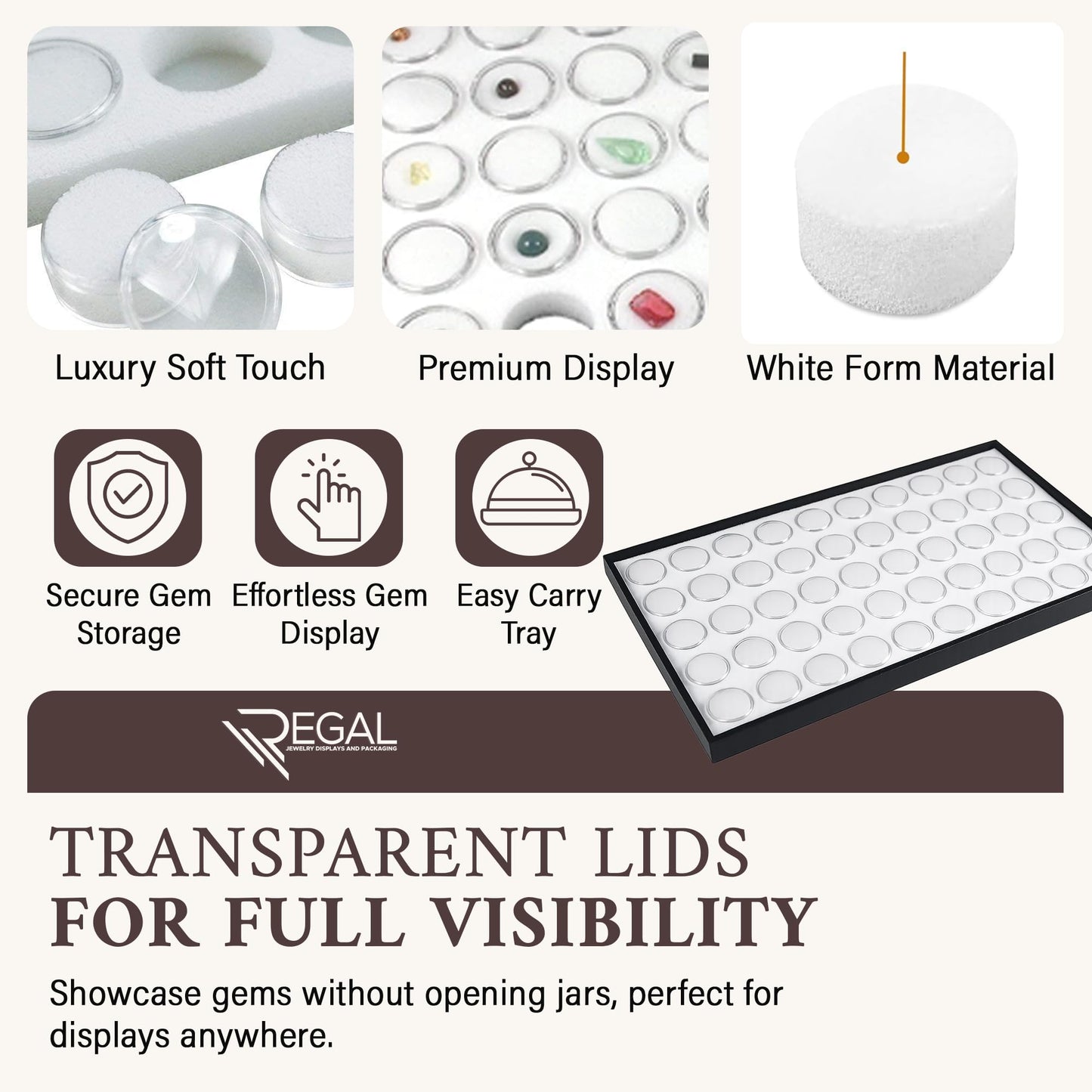 RJ Displays 50 White Foam Gem Jars with Tray, Gemstone Display Case with Lids for Gems, Coins, Gem Storage Organizer, Gem Holder, Charm Box, Gem Display Case, Gemstone Storage, 14.5" x 7.8" x 0.75"