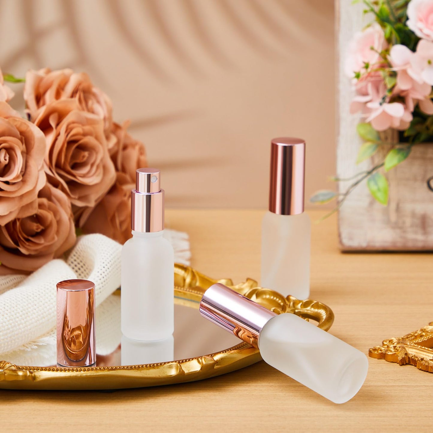 Roshtia 30 Pcs Glass Spray Bottle Clear Empty Bottles Small Refillable Reusable Perfume Bottle with Fine Mist Sprayer Pump for Face Body Travel(1 oz,Rose Gold)
