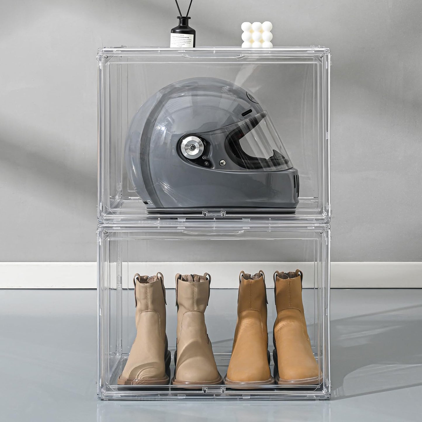 VGLXTRNT XXX-Large Clear Display Case 17.7" x 13" x 13" Extra Large Display Organizer Box with Magnetic Door, Stackable Acrylic Storage Bin for Boots, Shoes, Collectibles, Bags, Figures