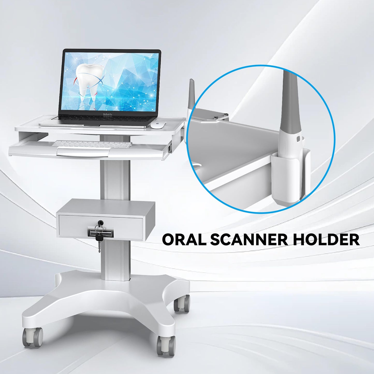 Yedaeop Medical Trolley Cart with Oral Scanner Holder, 30kg Load Laptop Tray Mobile Workstation on Wheels with a Drawer for Hospital Dental Clinics Beauty Salons