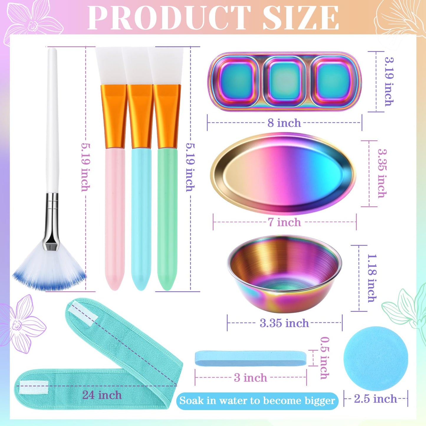 LemonRoad 25 Pcs Esthetician Facial Supplies Set, 3 Stainless Steel Mixing Bowls, 2 Serving Trays, 6 Brushes, 2 Hairbands, 12 Compressed Sponges for Women Facial Mask Spa Home Use(Laser Color)