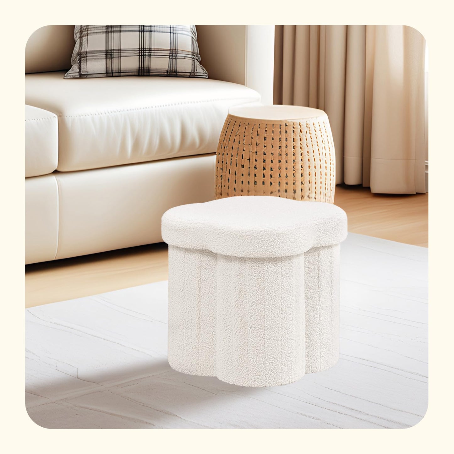 PINPLUS Storage Ottoman Cube Flower-Shaped Boucle Footrest with Hidden Storage, Multi-Functional Cube Seat for Living Room, Dorm - White 12.6"x12.6"x12.6"