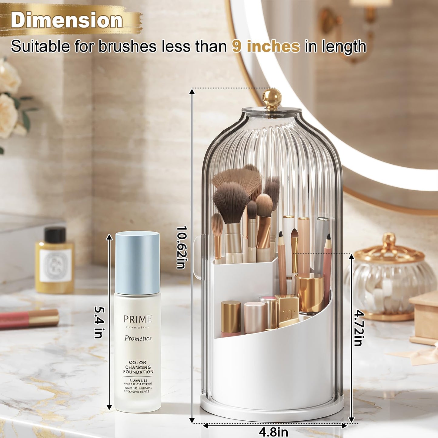 Covered Makeup Brush Holder with Sliding Lid, 360° Rotating Makeup Organizer Countertop for Vanity, Bathroom, Make up/Nail Brushes Storage, Dustproof Toothbrush Holders with Cover for Bathrooms, White