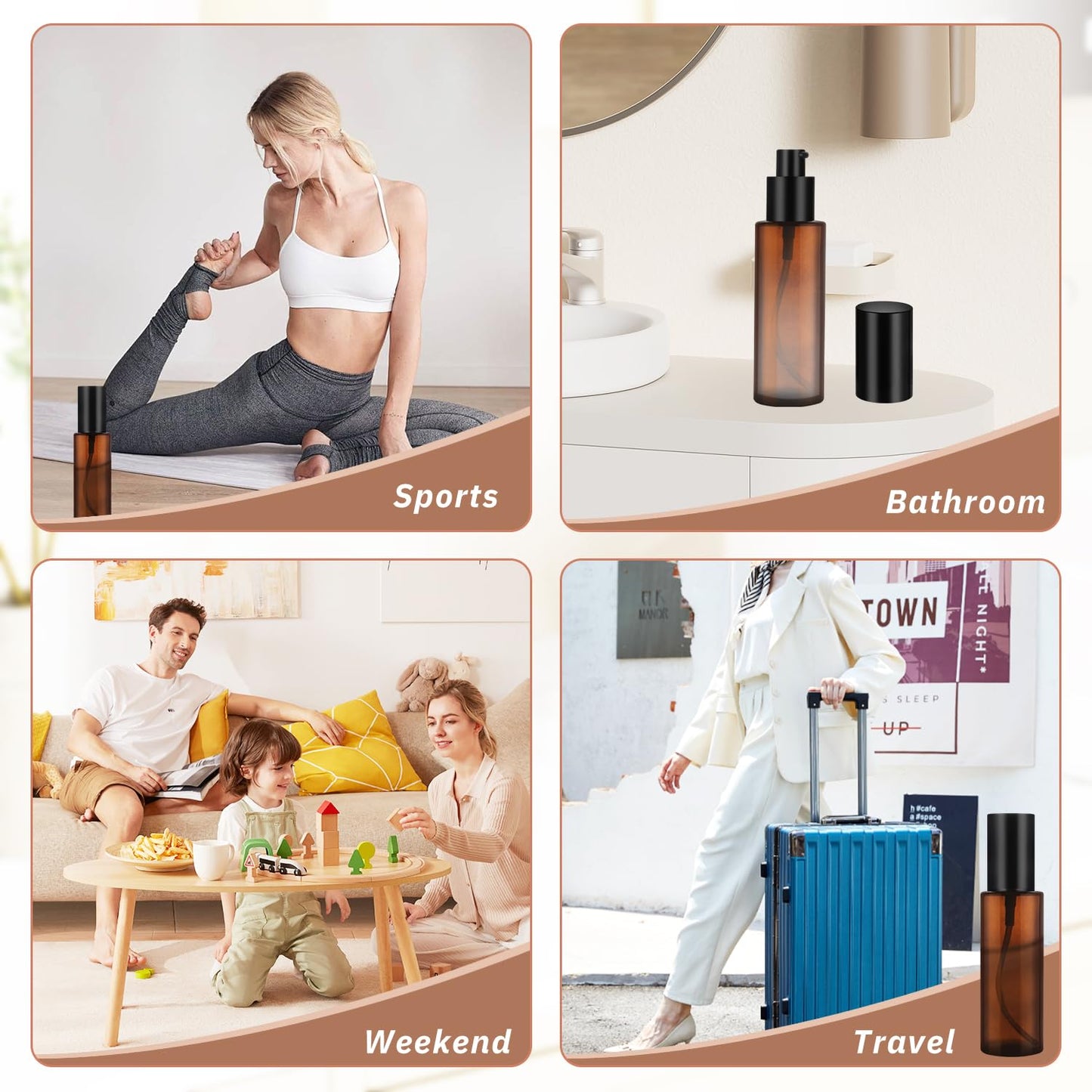 6 Pcs 60ml/2oz Amber Glass Pump Bottles Refillable Lotion Dispenser Cosmetic Sample Storage Container Vial with Black Pump Head for Liquid Foundation Soap Shower Gel Shampoo Toiletries