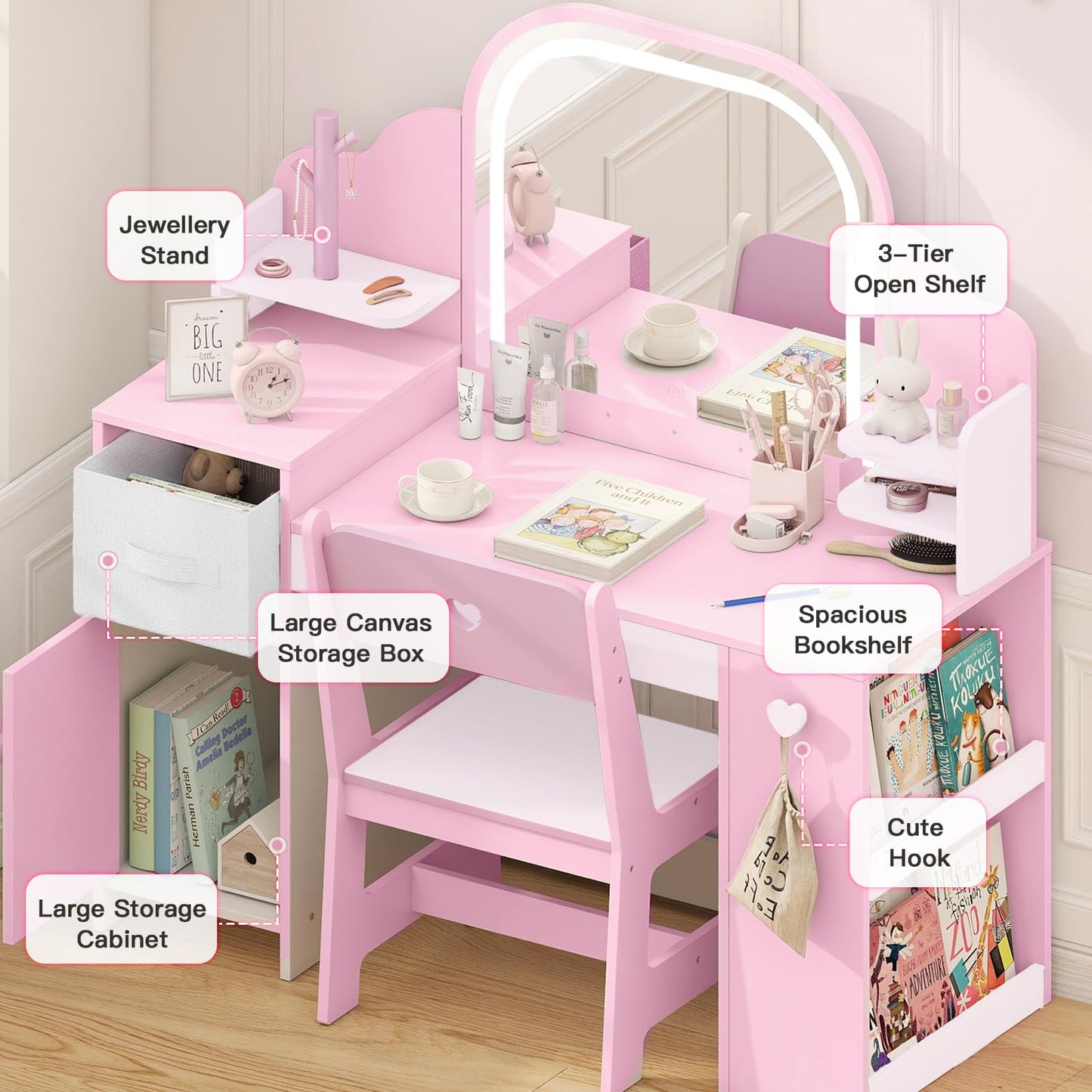 Frogprin Kids Vanity with Lights and Chair, Princess Makeup Vanity Desk with Mirror Bookshelf Storage Cabinet,3 in 1 Toddler Vanity Table,Makeup Dressing Table,Pretend Play Vanity for Little Girl-Pink