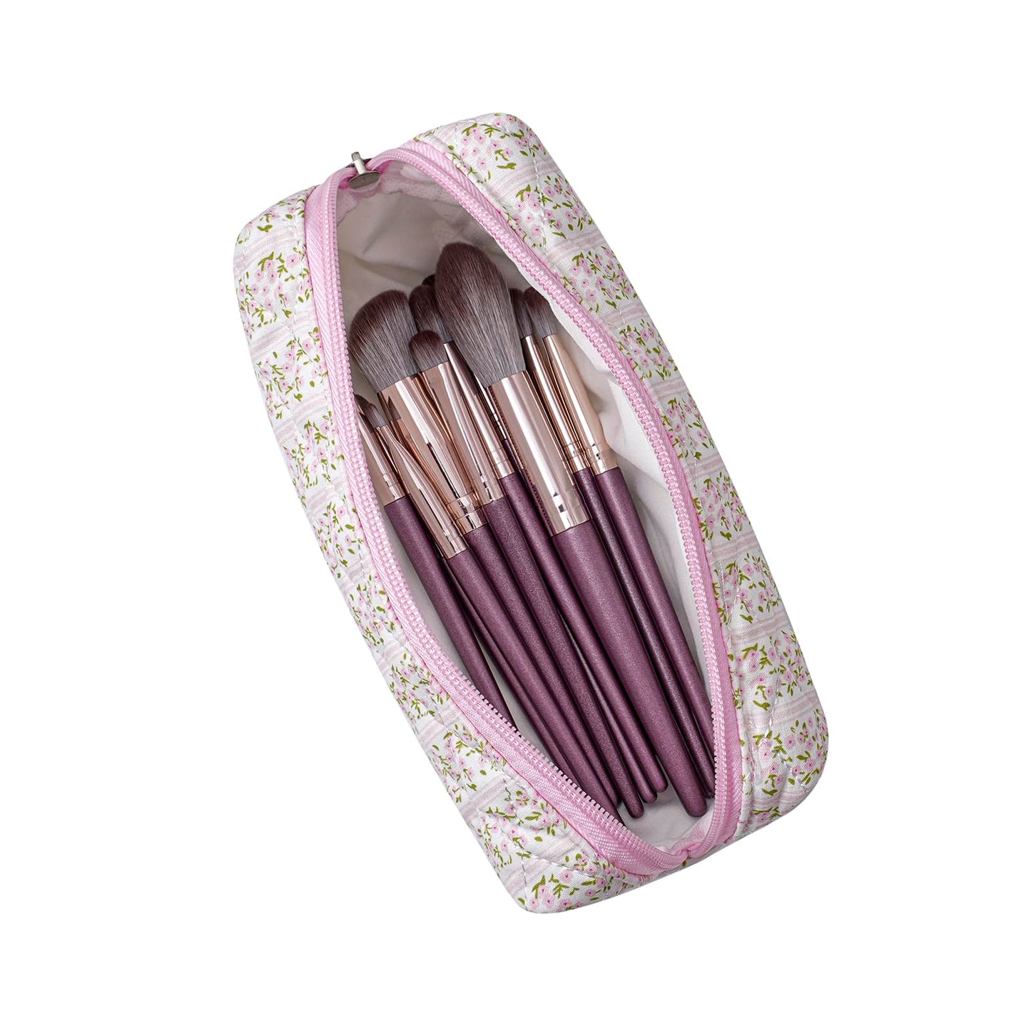 HHQQWZ Cute Floral Cotton Makeup Brush Cosmetic Bag for Women, Travel Quilted Zipper Make Up Bag, Flowers Toiletry Organizer Case Kawaii Makeup Cosmetic Travel Cloth Pouch (Pink+Big Red Floral)