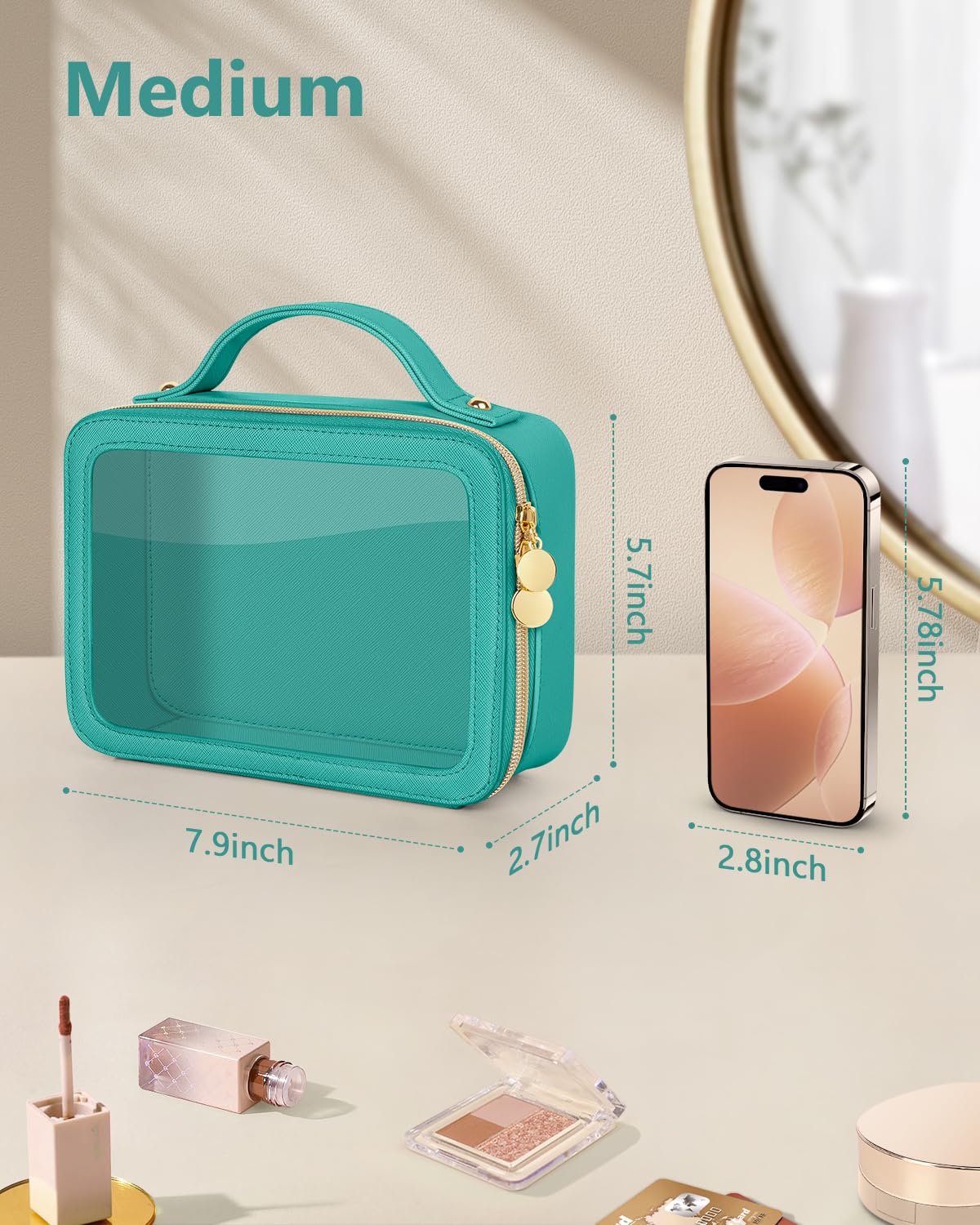 Soimeat Clear Makeup Bag, Portable Travel Cosmetic Bags, Multipurpose Leather Toiletry Bag with Zipper, Waterproof Transparent Cosmetic Organizer for Women, Medium, Green