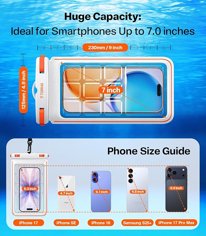 TORRAS IPX8 Waterproof Phone Pouch Floating, Underwater Screen Touchable, Water Proof Case with Lanyard for iPhone 17 Pro Max 16 S25, Cellphone Dry Bag Cruise Essentials 7.0 inch, White