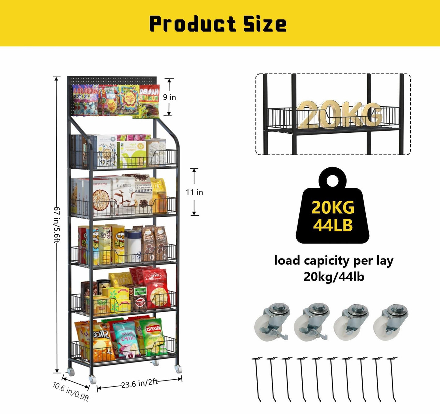 Nisorpa 5 Tier Supermarket Retail Display Racks, Free-Standing Metal Snack Candy Display Racks Cart with Wheels Chips Display Rack Stand for Convenience Stores Home Kitchen, 23.6 x 66.9 x 10.6 Inches