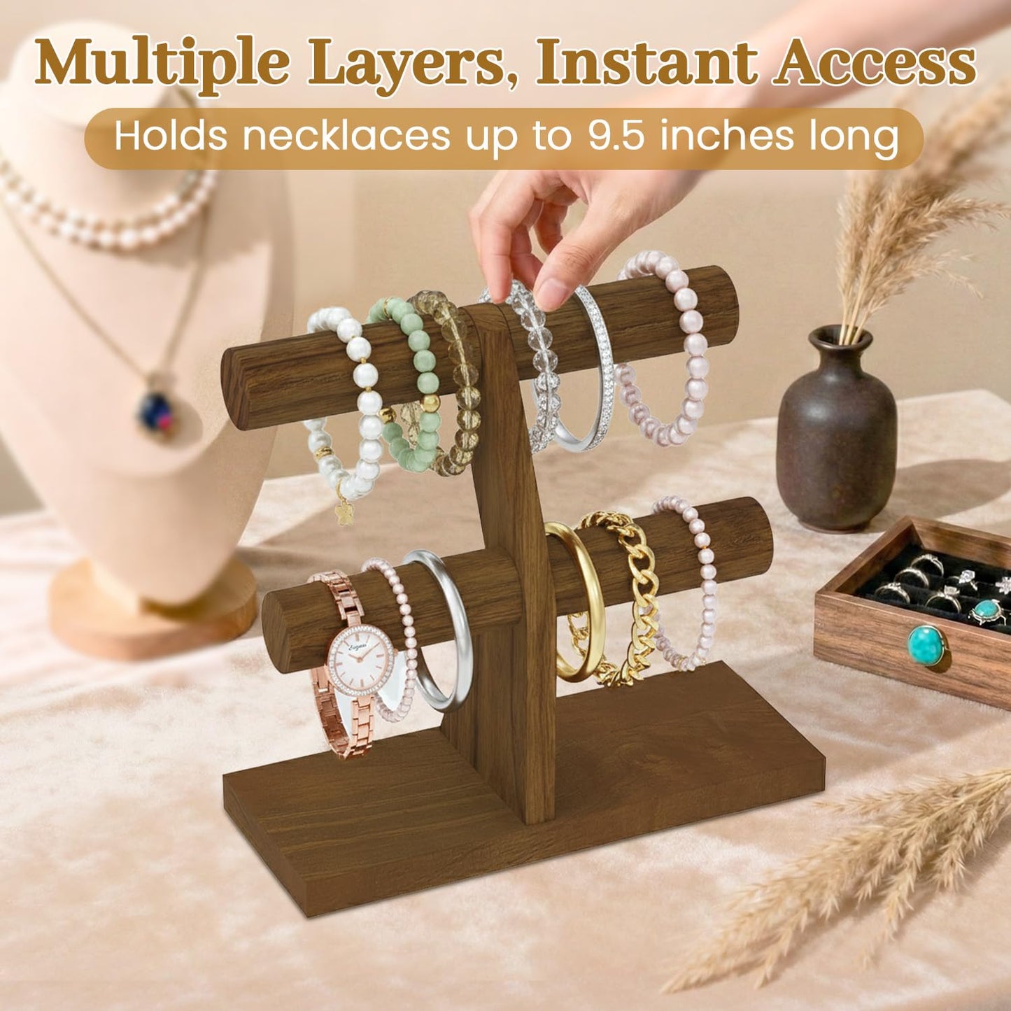 MODOWEY Bracelet Holder Organizer Display Stand, 2 Tier Wooden T Bar Bangle Rack for Dresser, Small Jewelry Hanger with Rod for Vendor Selling, Desktop Vertical Jewellery Tree for Home Business, Brown