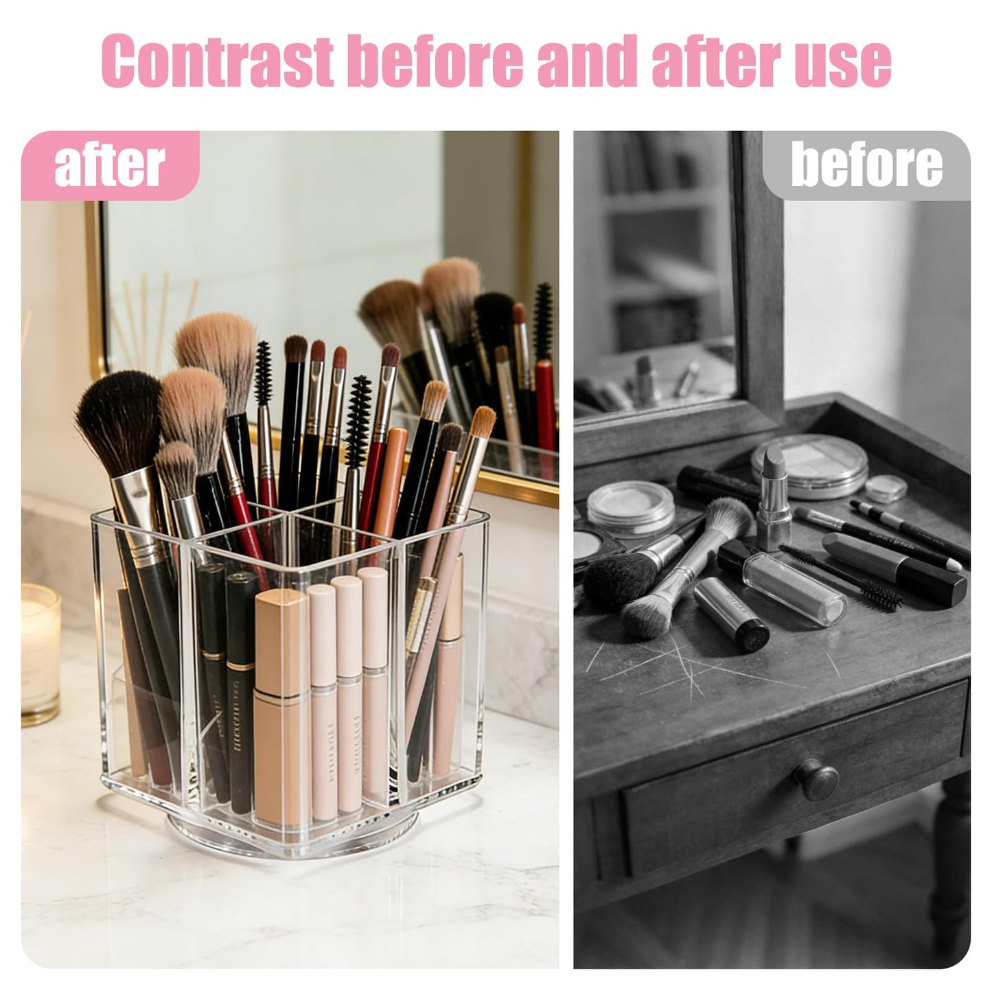 HALAGAS Acrylic Makeup Brush Holder, Clear Rotating Makeup Brush Holder Organizer with 4 Slots, Square Makeup Brush Cup for Vanity Desk Countertop Bathroom
