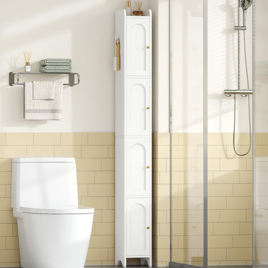 Hzuaneri 70.9" H Bathroom Storage Cabinet, Tall Corner Cabinet with 4 Doors and Adjustable Shelf, Slim Freestanding Floor Cabinet with Arched Door for Small Spaces, 7.9" D x 7.9" W x 70.9" H White