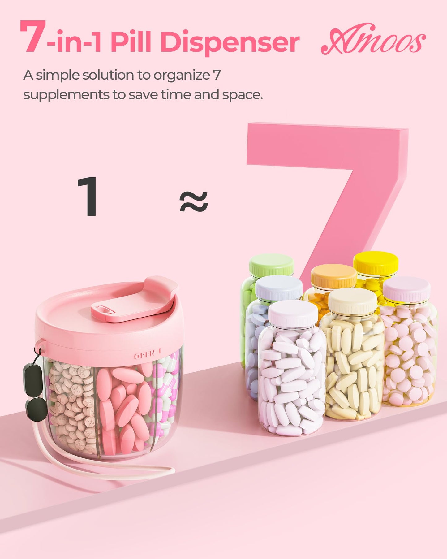 AMOOS Cute Pill Dispenser with 7 Compartments, Pill Bottle Organizer with Anti-Mix Design, Portable Pill Organizer for Travel with Wide Mouth for Easy Access, BPA-Free Patented Pill Container, Pink