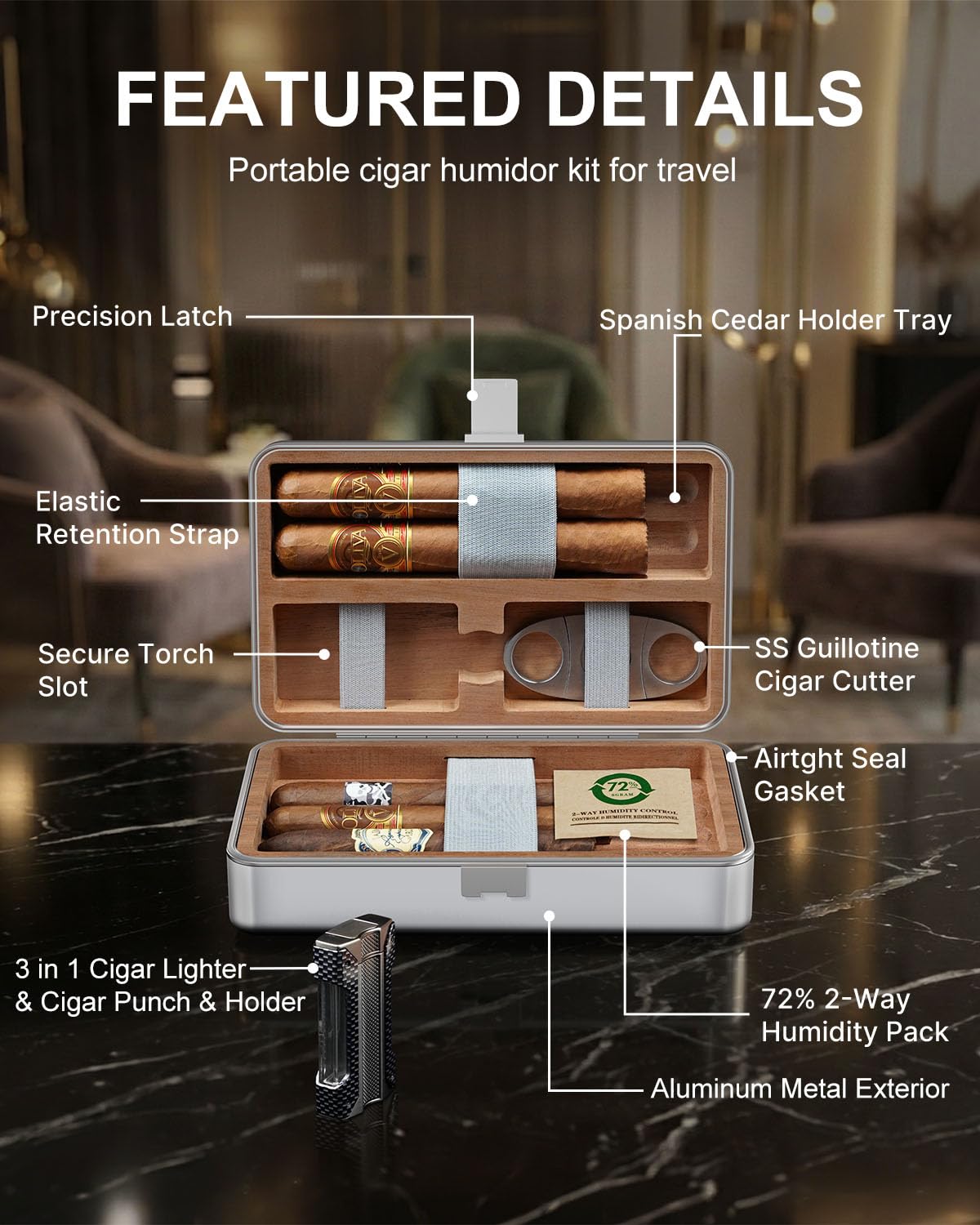 Travel Humidor Cigar Case for 7 Cigars - Aluminum & Spanish Cedar Cigar Humidor Box with 72% Humidity Pack, 3 in 1 Cigar Lighter, Guillotine Cigar Cutter, Cedar Insert, Gift for Cigar Aficionado