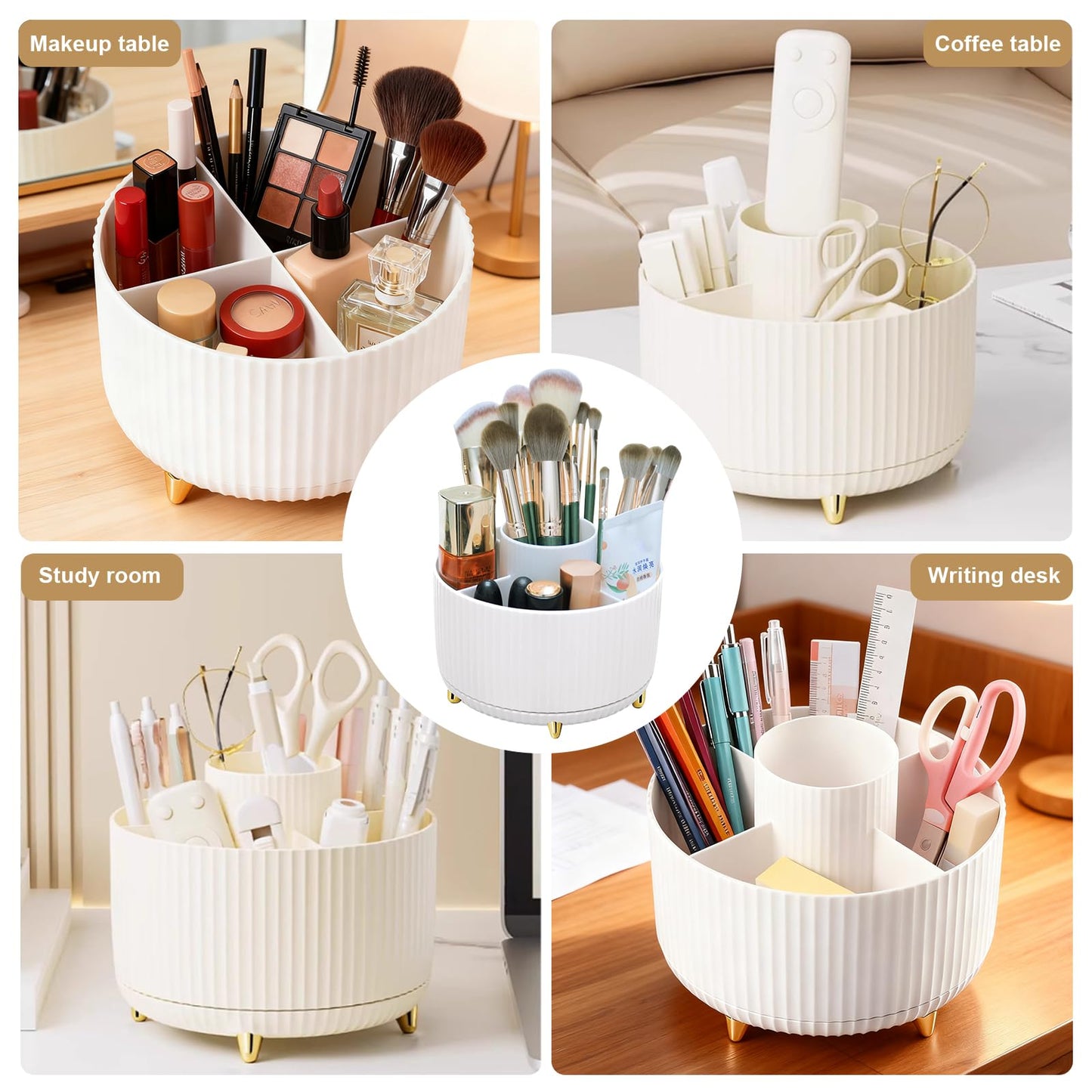 Makeup Brushes Holder Organizer,360° Rotating Cosmetic display cases with 5 compartment Cosmetic and Skincare Organizers,Multi-Purpose Makeup Brush Holder for Bathroom Vanity Desktop Decor