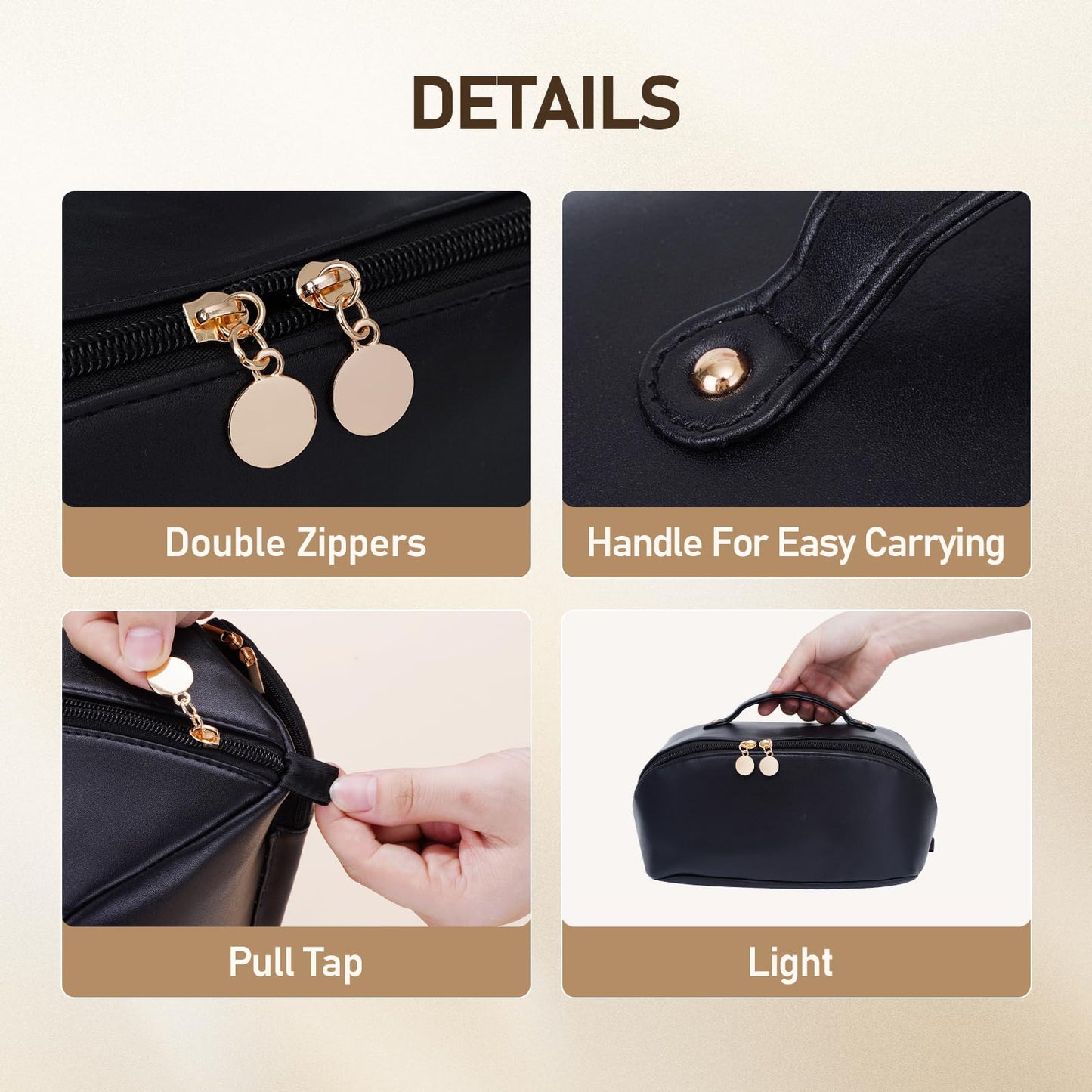ETTP Large Capacity Cosmetic Bag for Women, Waterproof PU Leather Makeup Bag for Travel,Toiletry Bag Make up Organizer with Divider and Handle (Black)