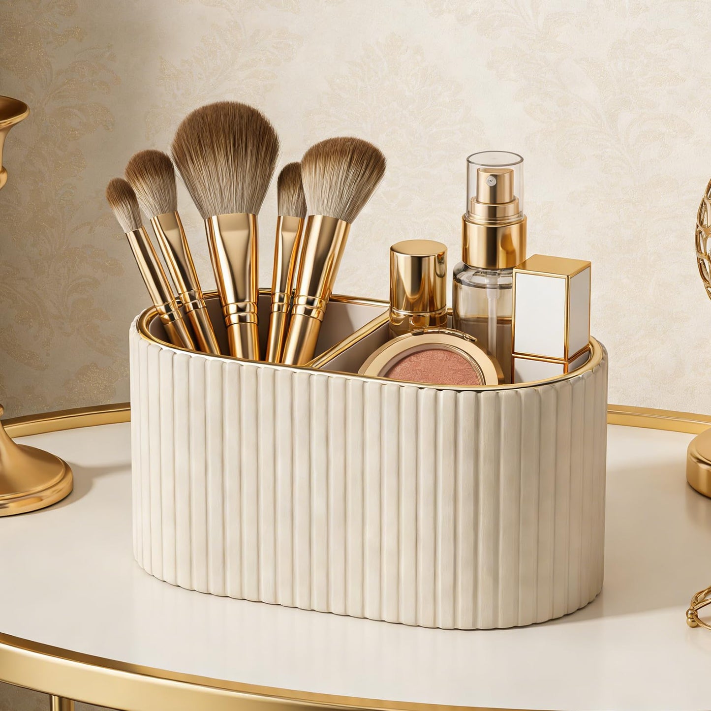 KINGFOM Makeup Brush Holder Organizer with Divider, PU Leather Vanity Brush Holder for Bathroom Countertop & Dressing Table, Cosmetic Desktop Storage Caddy for Makeup Tools Oval, Gift for Women Beige