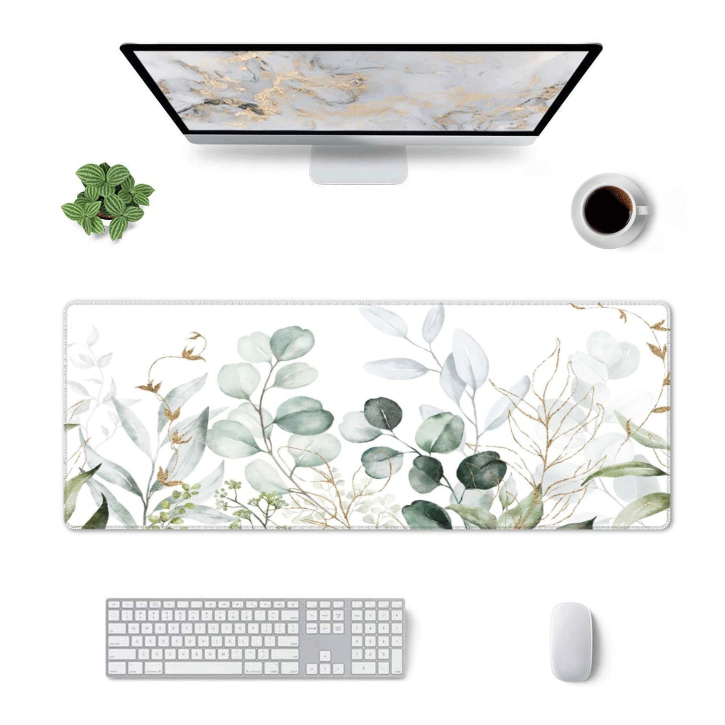 Green Gold Leaves and Branches Extended Big Mouse Pad Large,XL Gaming Mouse Pad Desk Pad,31.5x11.8inch Long Computer Keyboard Mouse Mat Mousepad with 3mm Non-Slip Base for Home Office Work