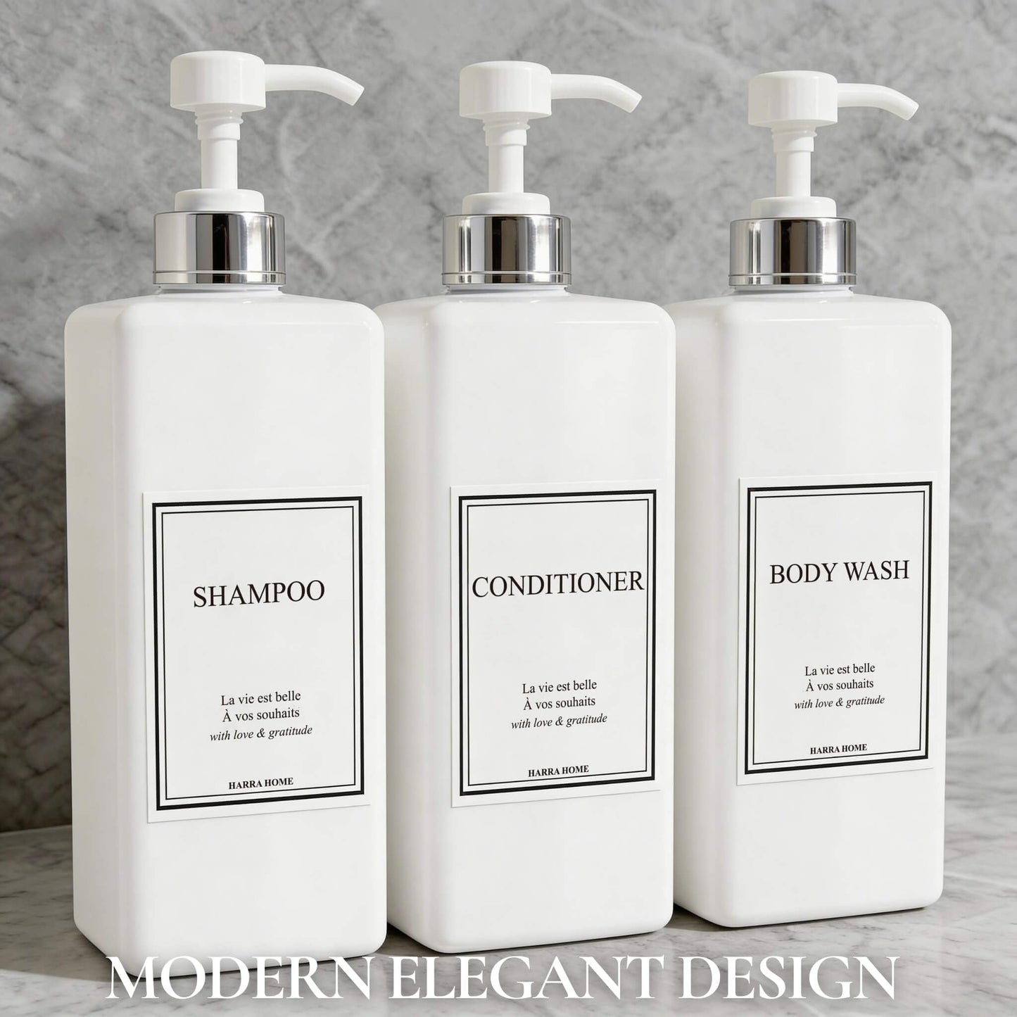 HARRA HOME Modern Gold Design Pump Bottle Set 27 oz Refillable Shampoo and Conditioner Dispenser Empty Shower Plastic Bottles with Pump for Bathroom Lotion Body wash, Pack of 3 (White & Silver)