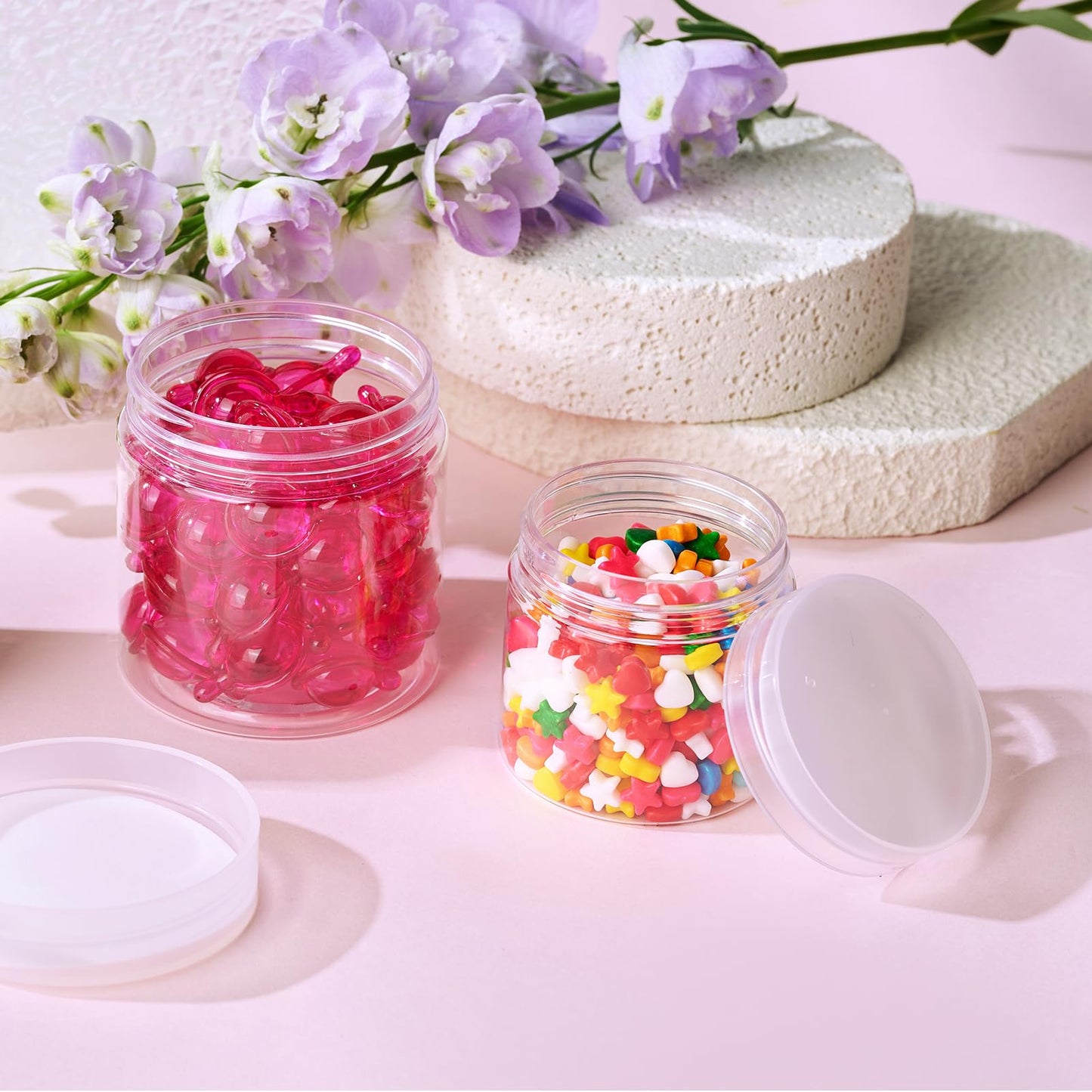 50 Pack 4 OZ Plastic Jars Round Clear Cosmetic Container with Clear Lids, Eternal Moment Slime Jars for Lotion, Cream, Ointments, Makeup, Eye shadow, Rhinestone, Samples, Pot, Travel Storage