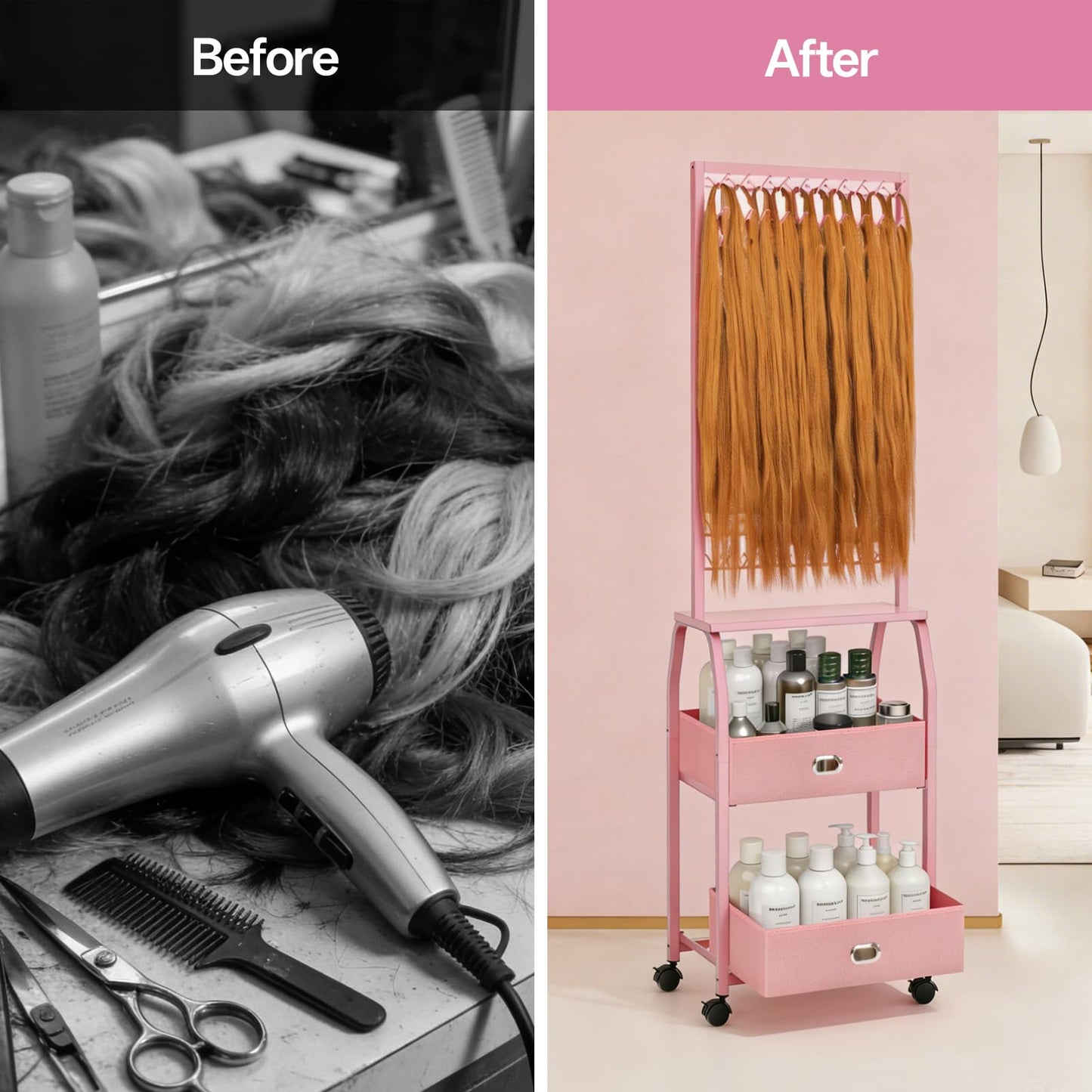 Portable Braiding Hair Rack with Wheels & Storage Drawers,2-Sided 288 Pegs,Hair Extension Holder Hanger for Braiding Hair Separator Stand Display,Hair Rack with Stylist Hair braiding Tools（Pink）