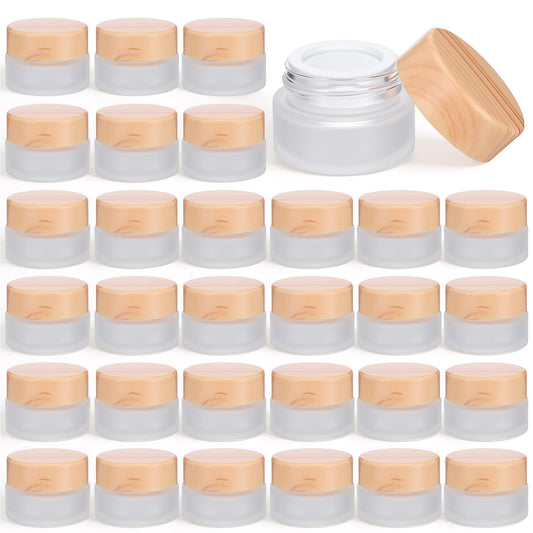 COMNICO 32 Pcs Glass Cosmetic Containers with lids, 5 Grams/5 ML Round Frosted Cosmetic Jars Empty Sample Refillable Travel Jars for Makeup Lip Scrub Lotion Balm