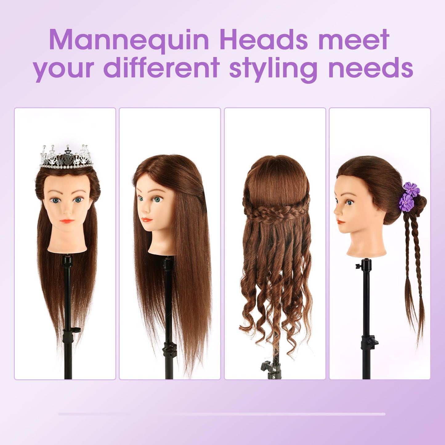 Mannequin Head with 100% Human Hair,22'' Real Hair Cosmetology Mannequin Manikin Head Hair Styling Hairdressing Practice Training Doll Head with Clamp Holder and Tools (Dark Brown Blue Eyes)