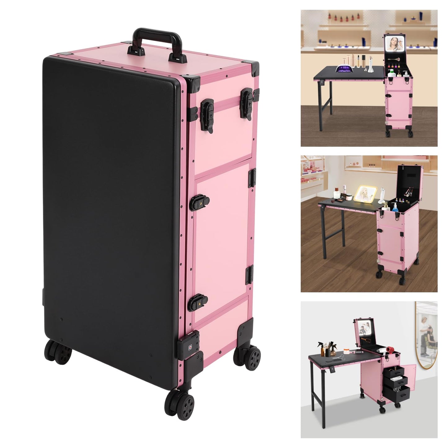 Cbhfmljd Rolling Makeup Case with 3 Drawers, Portable Manicure Table Lockable Makeup Train Case Portable Nail Table with Storage with LED Light & Key for Hair Barbers/Stylists, Makeup Enthusiasts