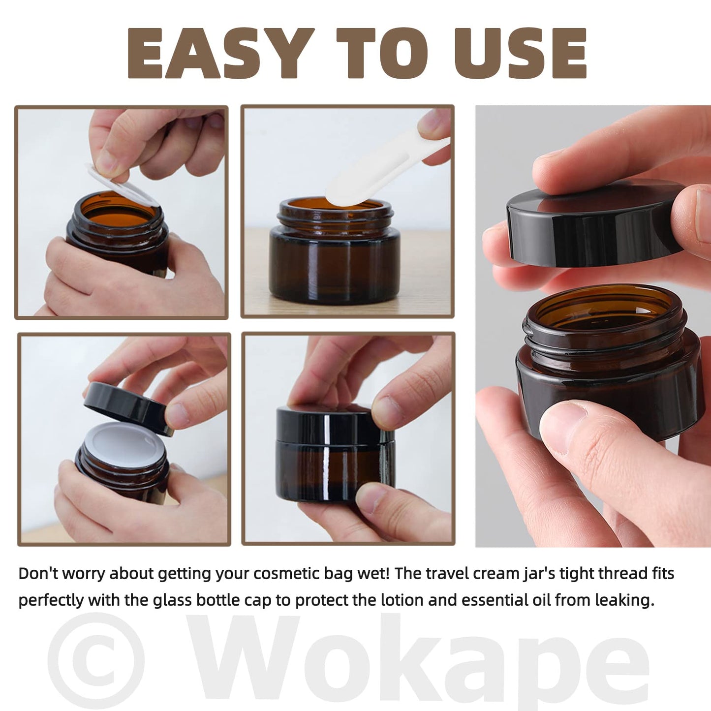 Wokape 20Pcs 10ml Amber Glass Jars with Liner Lids Spatulas, Leak-proof Round Cosmetic Jars for Travel Wear