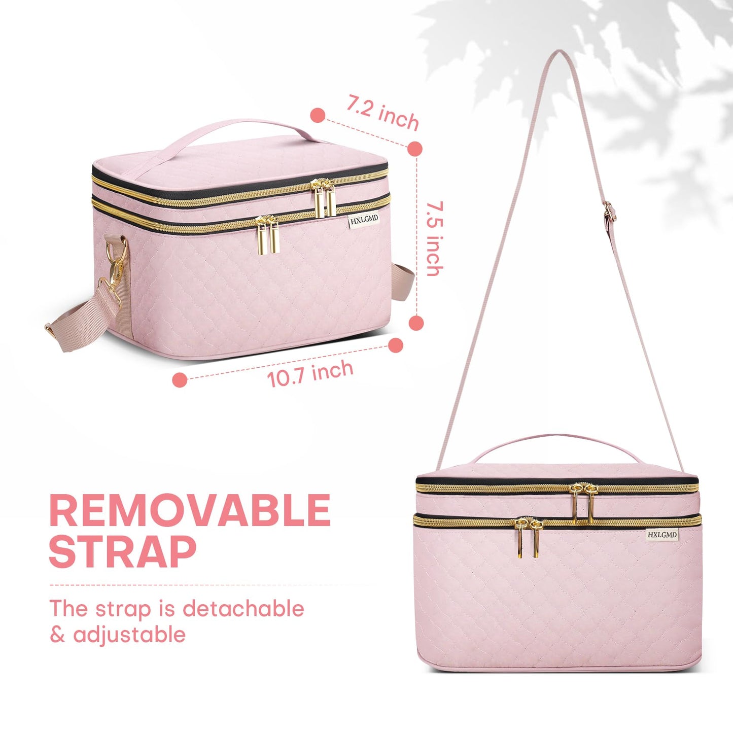 HXLGMD Double Layer Travel Makeup Bag Women, Cosmetic Organizer Case, Travel Essentials Accessories with Shoulder Strap for Bottles, Brushes, Conditioner, Skin Care Products, Pink