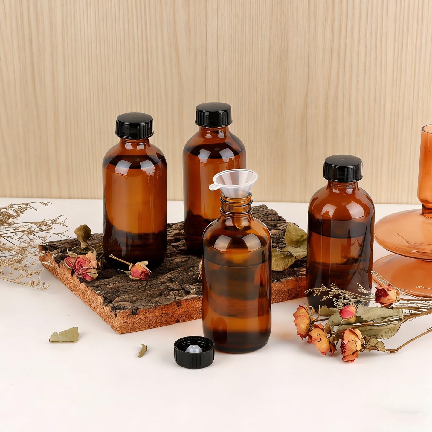 PINIWON 36 Pack 4 oz Amber Glass Bottles, 120ml Boston Round Sample Bottles with Black Poly Cone Caps, Labels, Funnels and Brush