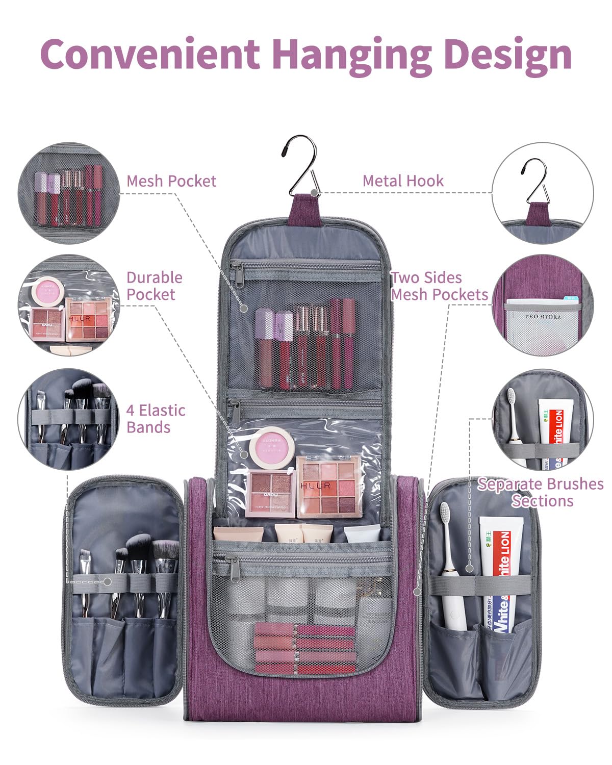 Hanging Toiletry Bag for Women Travel Makeup Bag Organizer Toiletries Bag for Cosmetics Essentials Accessories (Large, Dark Purple)